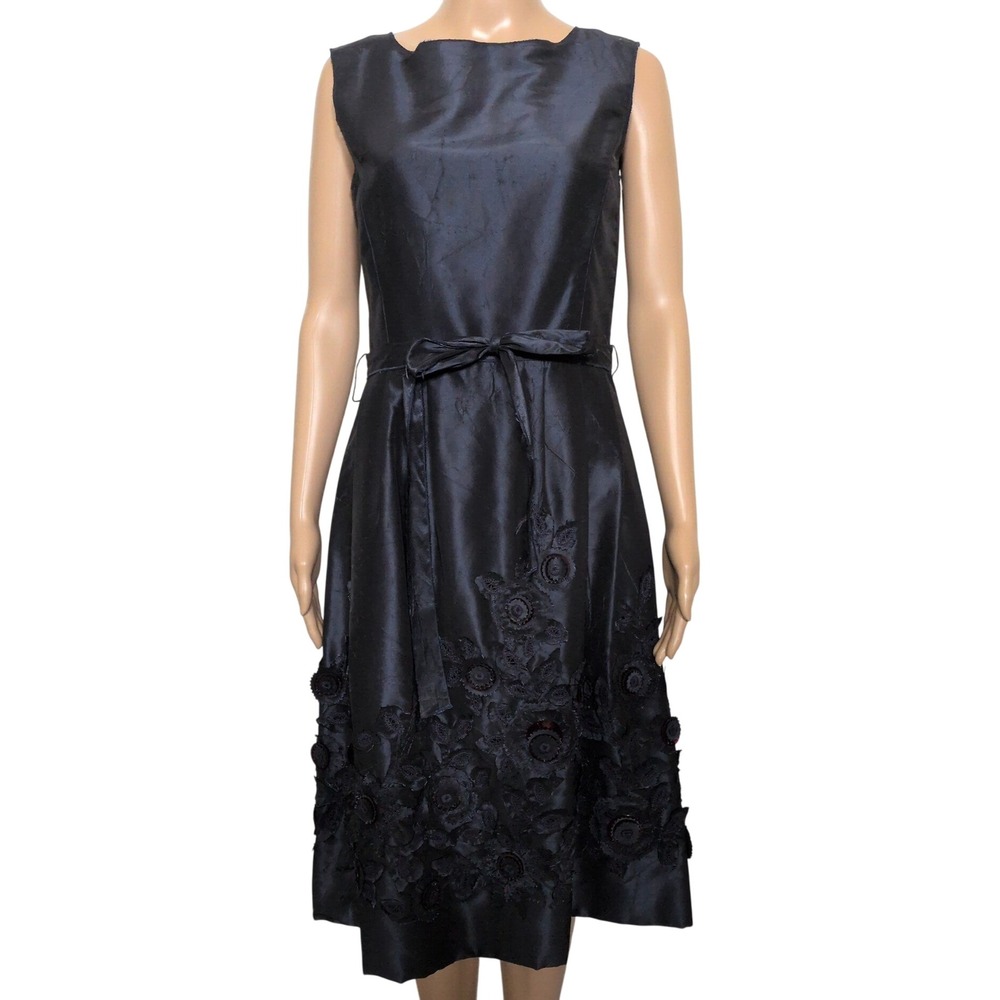 Oscar de la Renta Navy Silk Floral Applique Cocktail Dress Bergdorf Goodman 6